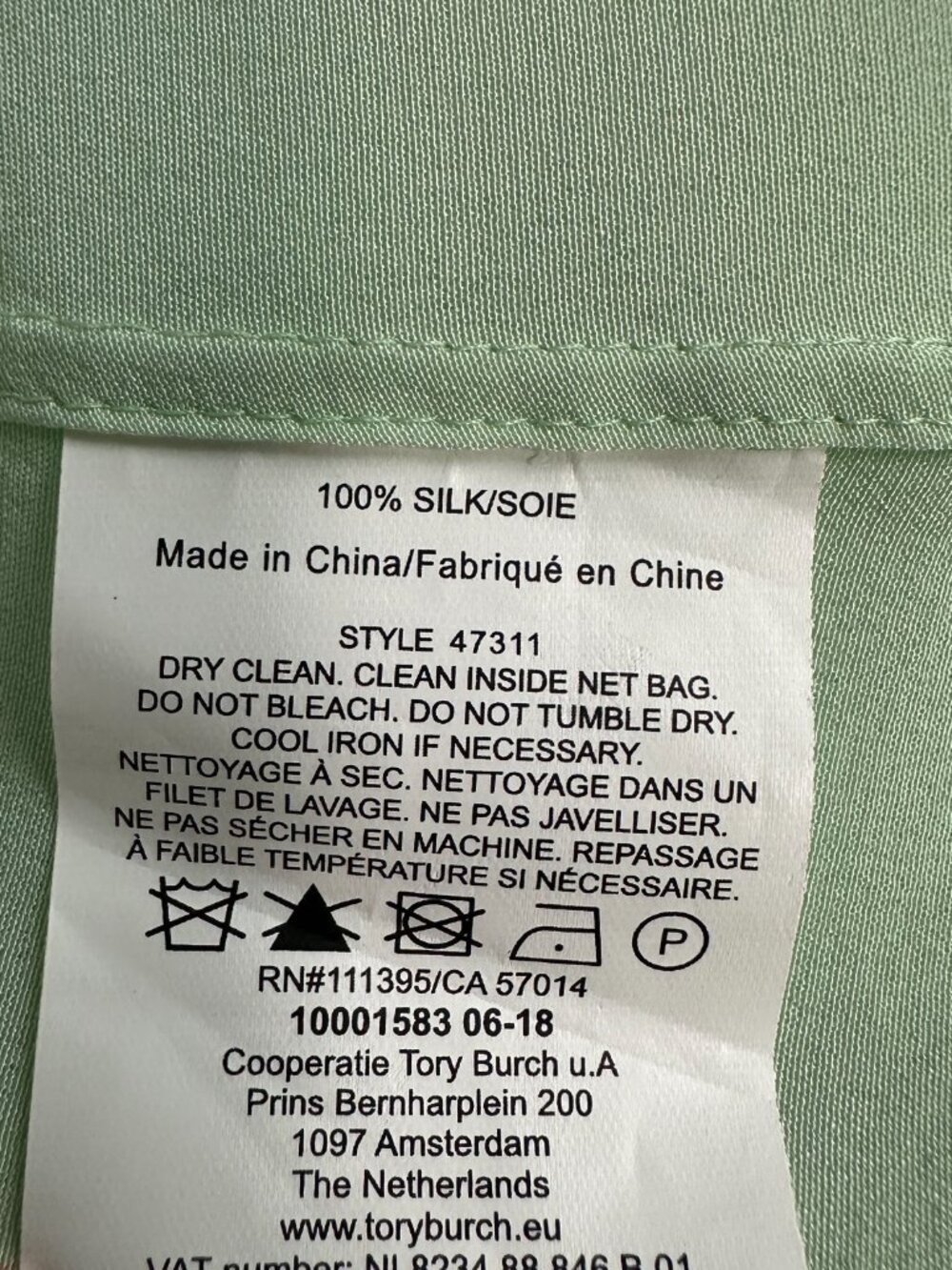 NWT Tory Burch Janet Top Crushed Mint Green 100% Silk Button Up Blouse 00 - Picture 12 of 12